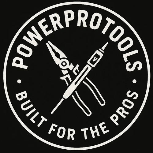 Logo of PowerProtools with tools illustration on a black background