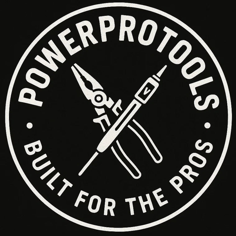 Logo of PowerProtools with tools illustration on a black background